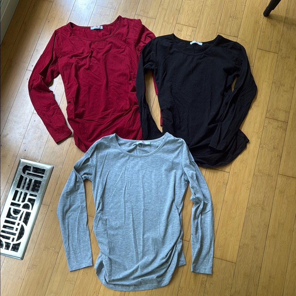 Set of Three Long Sleeve Maternity Tops - Red, Black, Gray (Small)